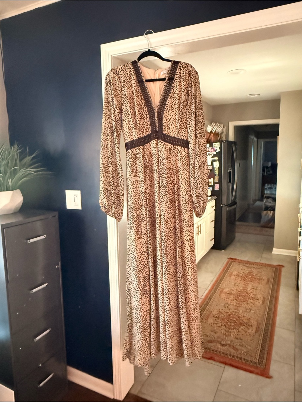 NWT Baltic Born Beige Leopard Print Maxi Dress with Black Trim